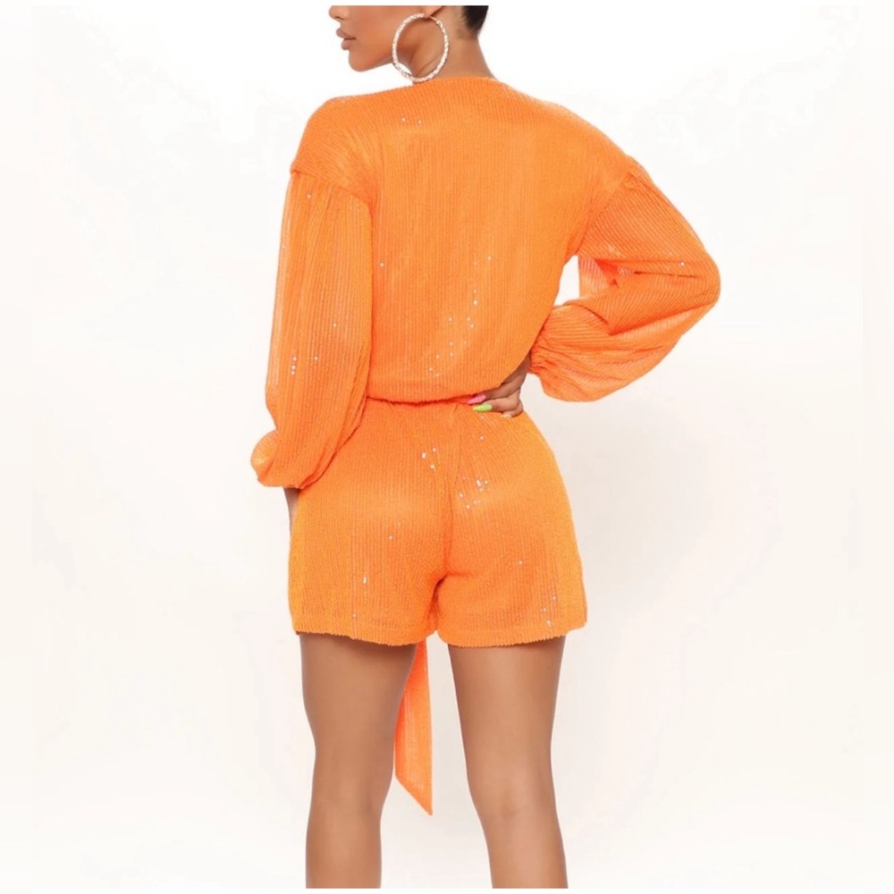 Fashion Nova Sparkly Orange Romper - Picture 2 of 8